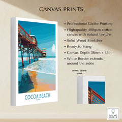 Cocoa Beach Pier Poster - Florida Beach Travel Decor canvas print specifications: 400gsm cotton canvas, solid wood stretcher, 38mm depth, mirror wrap