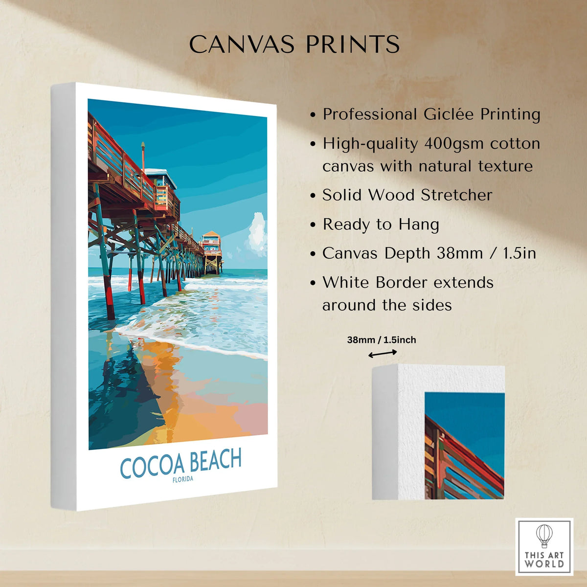 Cocoa Beach Pier Poster - Florida Beach Travel Decor canvas print specifications: 400gsm cotton canvas, solid wood stretcher, 38mm depth, mirror wrap