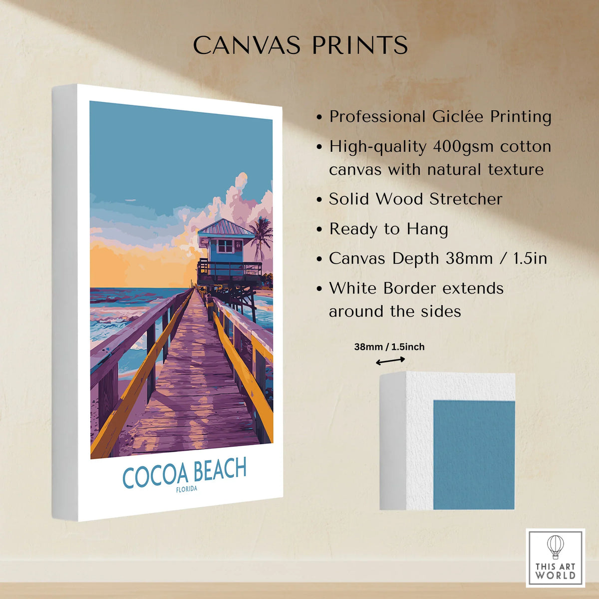 Cocoa Beach Florida Wooden Pier Poster - Golden Hour Sunset Decor canvas print specifications: 400gsm cotton canvas, solid wood stretcher, 38mm depth, mirror wrap