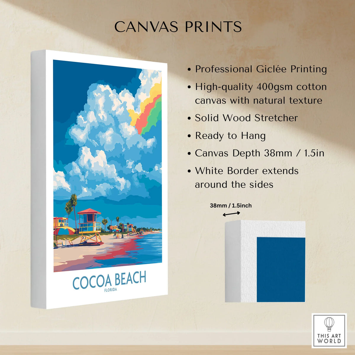 Cocoa Beach Rainbow Cloud Poster - Florida Travel Decor canvas print specifications: 400gsm cotton canvas, solid wood stretcher, 38mm depth, mirror wrap