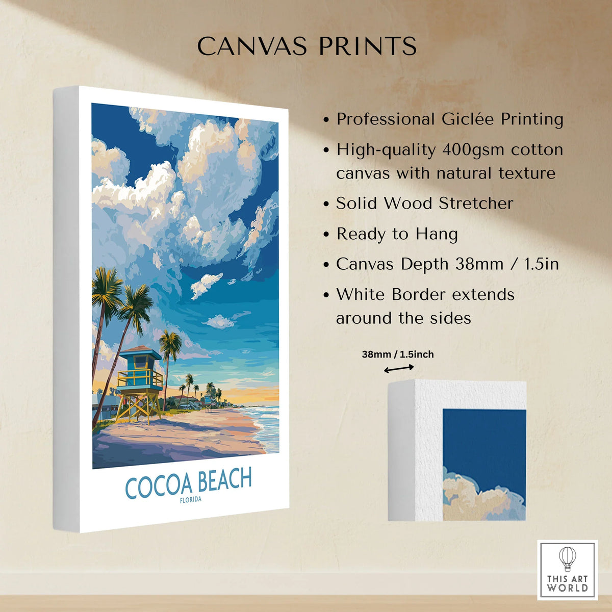 Cocoa Beach Florida Oceanfront Landscape Print - Florida Coast Decor canvas print specifications: 400gsm cotton canvas, solid wood stretcher, 38mm depth, mirror wrap
