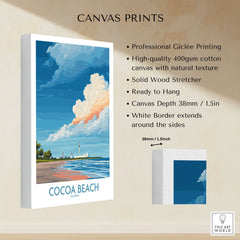 Cocoa Beach Kennedy Space Center Poster - Florida Wall Art Decor canvas print specifications: 400gsm cotton canvas, solid wood stretcher, 38mm depth, mirror wrap