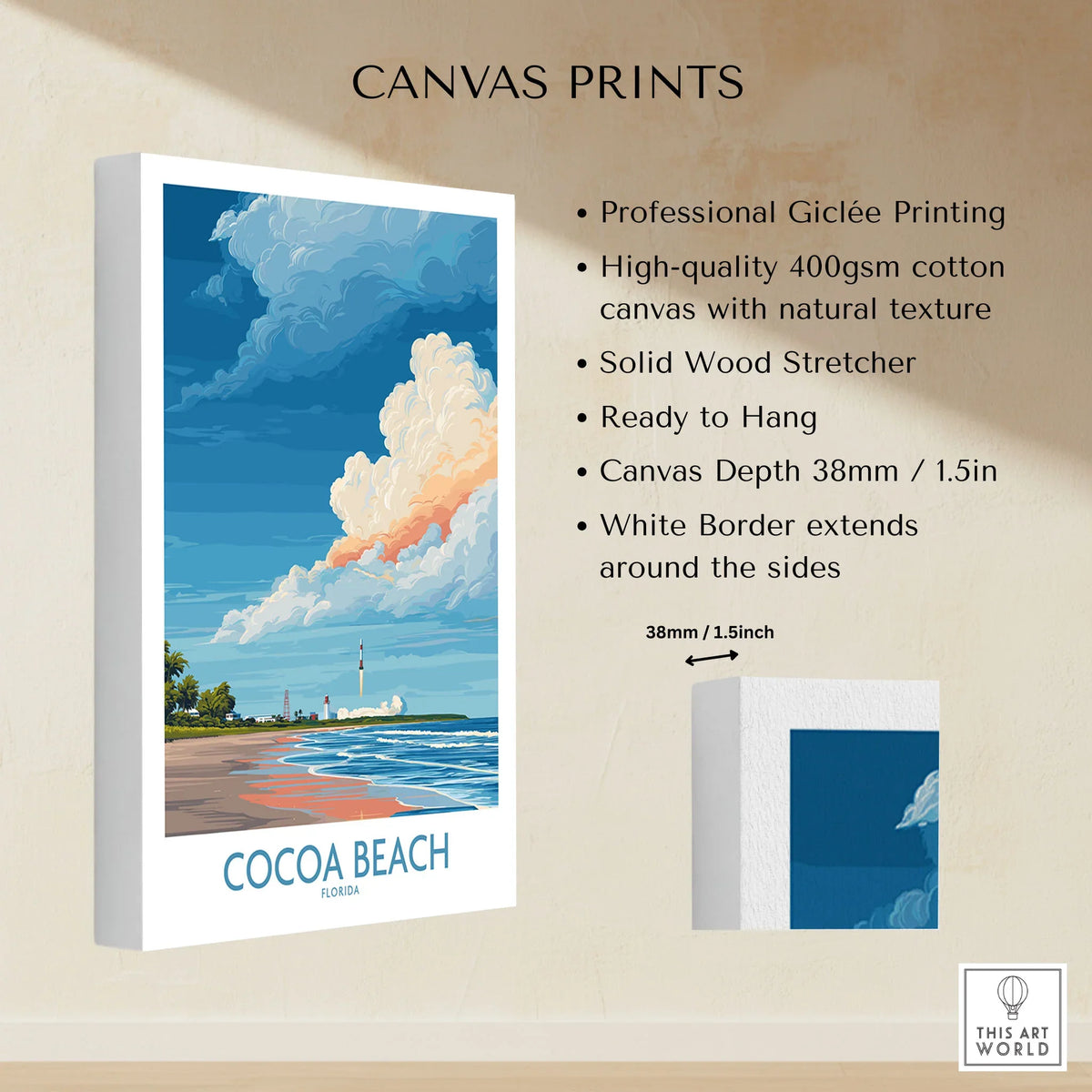 Cocoa Beach Kennedy Space Center Poster - Florida Wall Art Decor canvas print specifications: 400gsm cotton canvas, solid wood stretcher, 38mm depth, mirror wrap