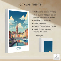 Cork Ireland Poster canvas print specifications: 400gsm cotton canvas, solid wood stretcher, 38mm depth, mirror wrap