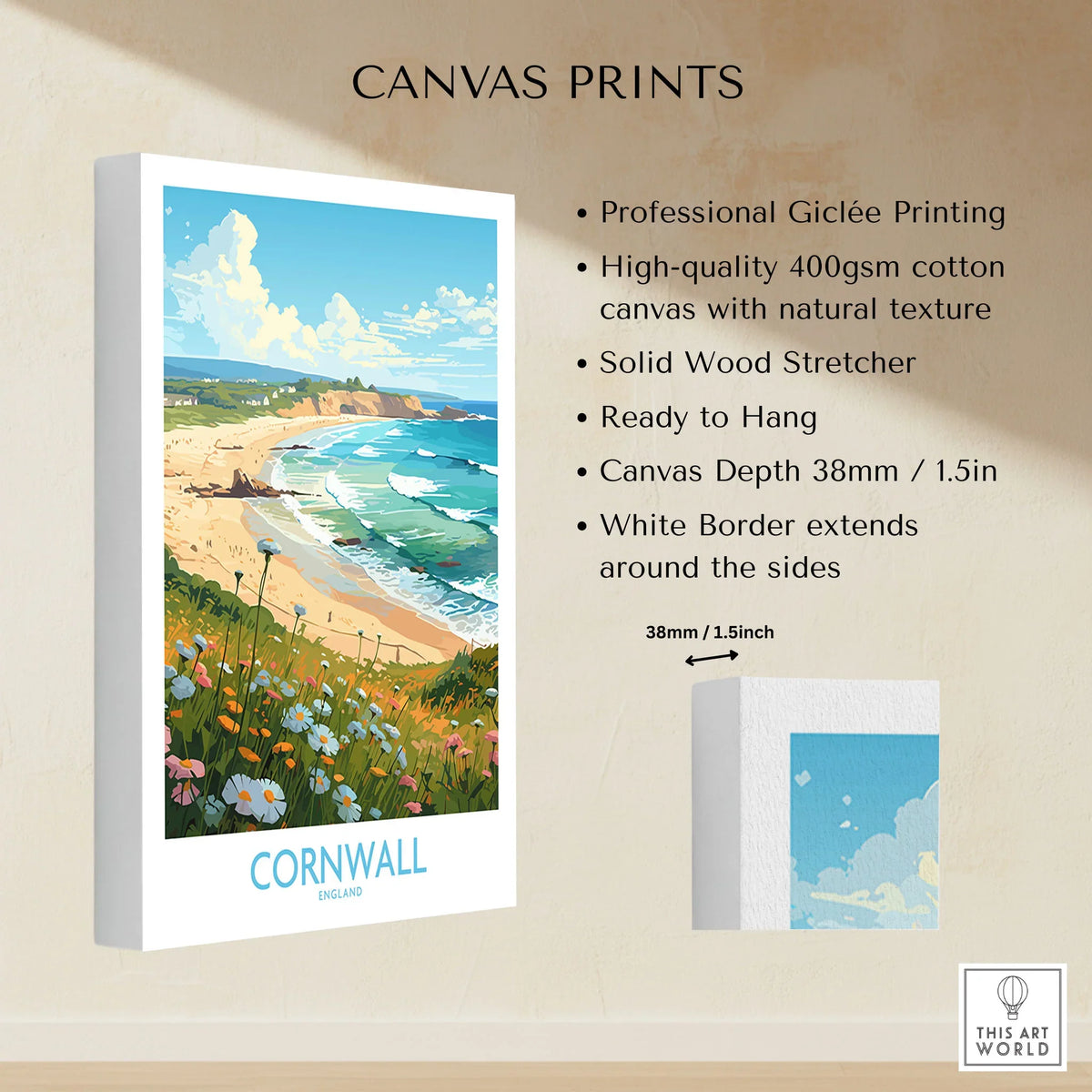 Cornwall Wall Art | Modern Style canvas print specifications: 400gsm cotton canvas, solid wood stretcher, 38mm depth, mirror wrap