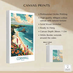 Cornwall Travel Poster - United Kingdom canvas print specifications: 400gsm cotton canvas, solid wood stretcher, 38mm depth, mirror wrap