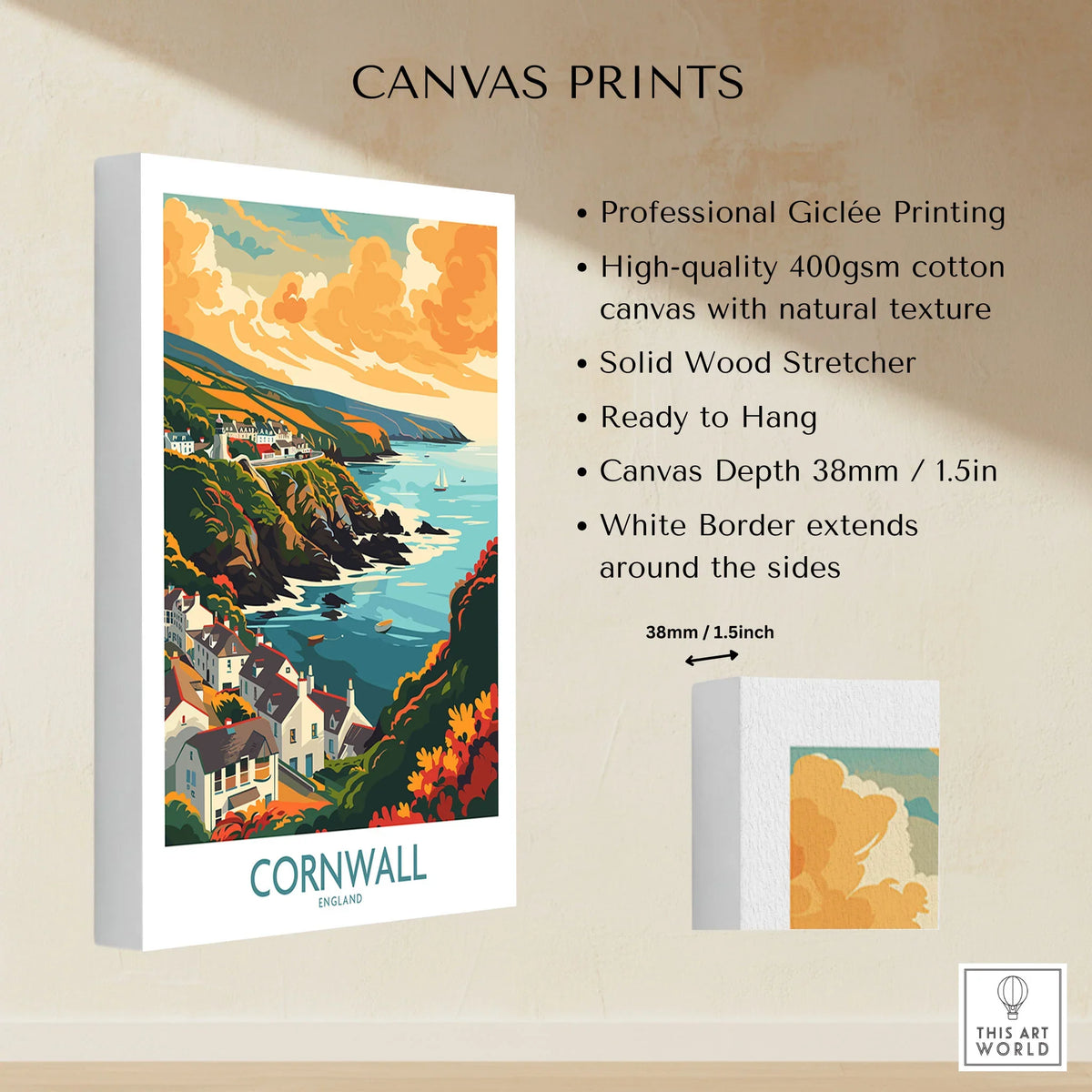 Cornwall Art Print - Modern canvas print specifications: 400gsm cotton canvas, solid wood stretcher, 38mm depth, mirror wrap