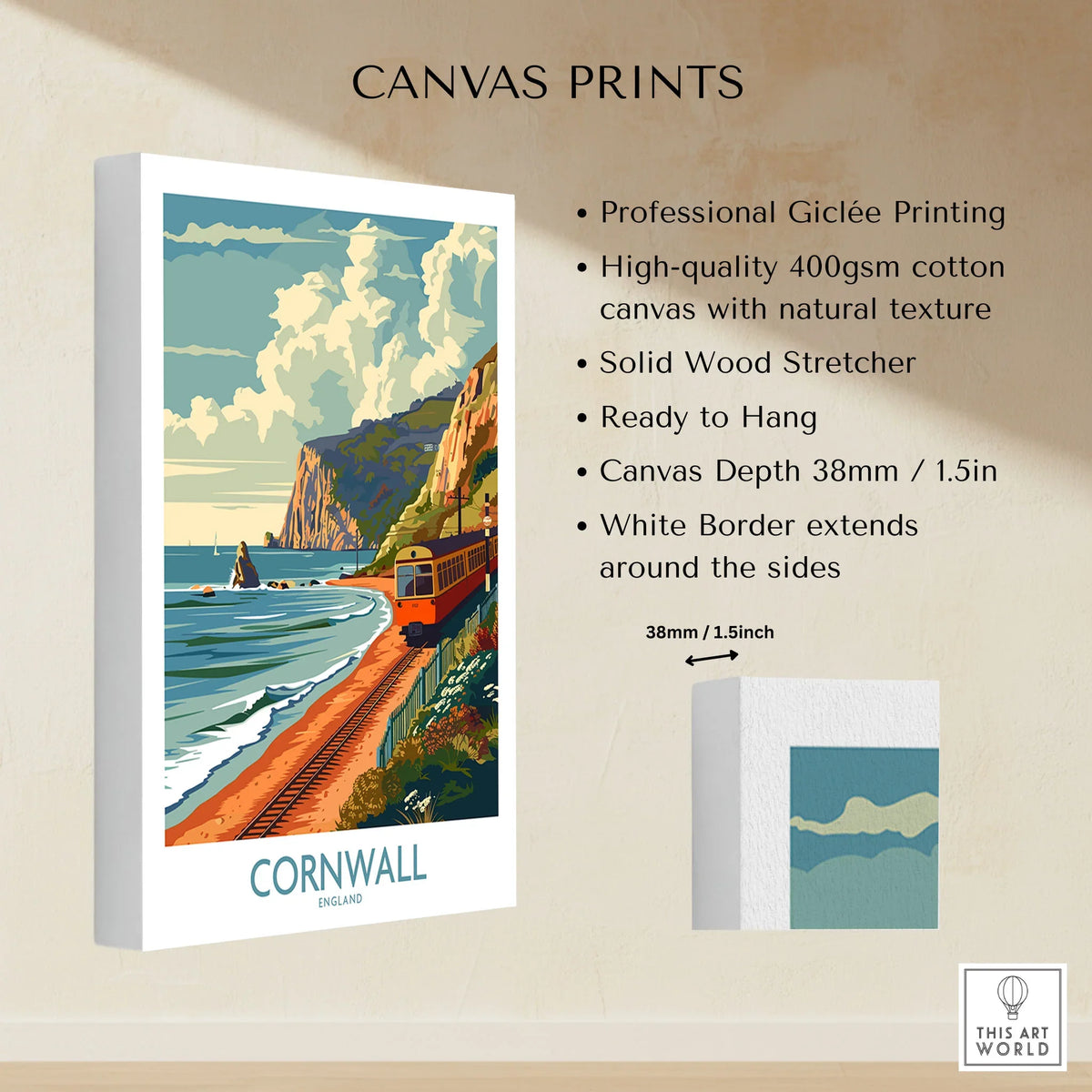 Cornwall Coast Wall Art Print canvas print specifications: 400gsm cotton canvas, solid wood stretcher, 38mm depth, mirror wrap