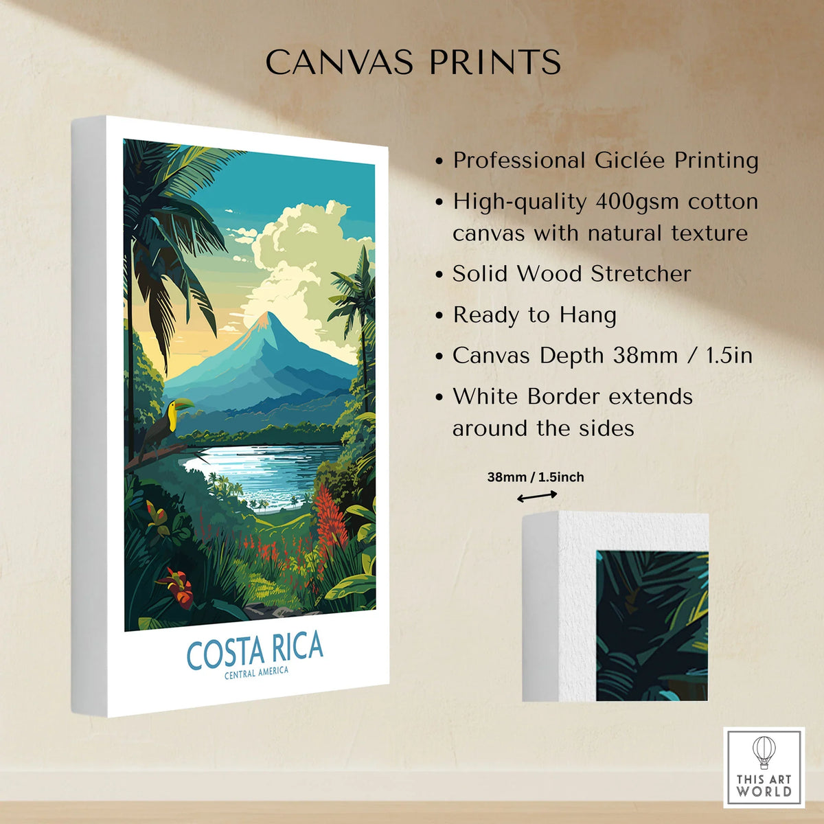 Costa Rica Wall Art | Modern Style canvas print specifications: 400gsm cotton canvas, solid wood stretcher, 38mm depth, mirror wrap