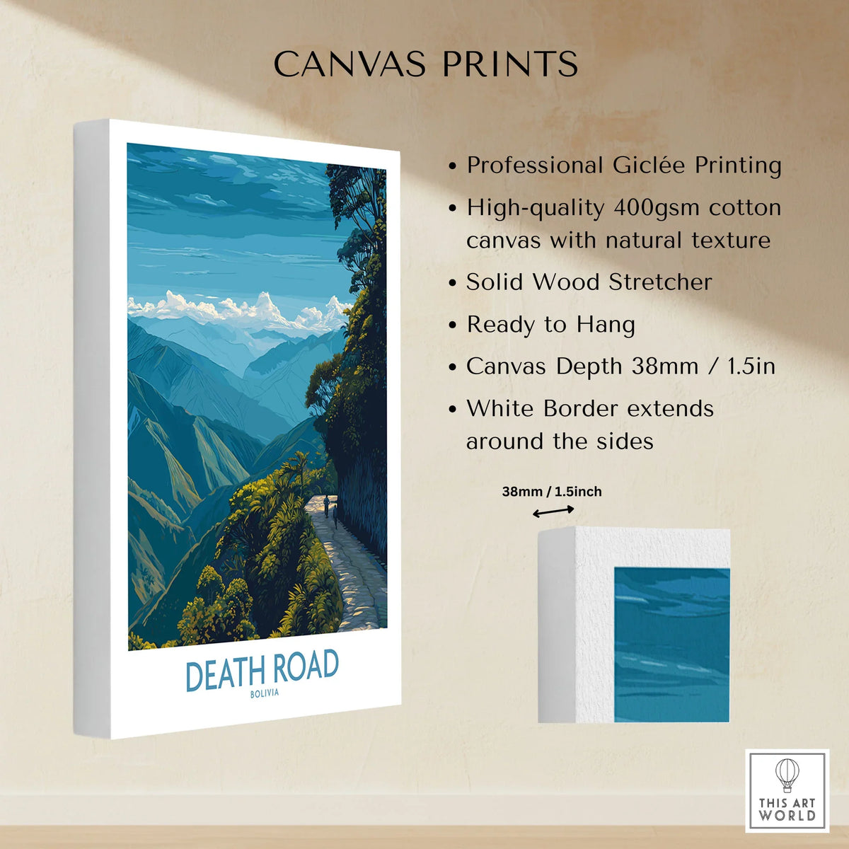 Death Road Bolivia Hiking Trail Art Print | Camino de la Muerte Poster canvas print specifications: 400gsm cotton canvas, solid wood stretcher, 38mm depth, mirror wrap