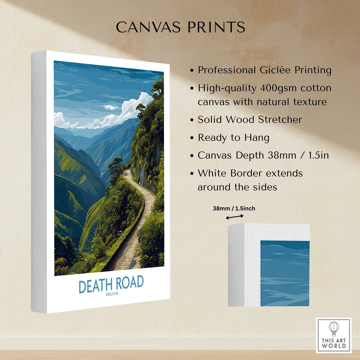 Death Road Bolivia Art Print | Yungas Road Poster canvas print specifications: 400gsm cotton canvas, solid wood stretcher, 38mm depth, mirror wrap
