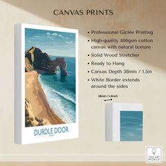 Durdle Door Art Print Dorset Wall Art canvas print specifications: 400gsm cotton canvas, solid wood stretcher, 38mm depth, mirror wrap