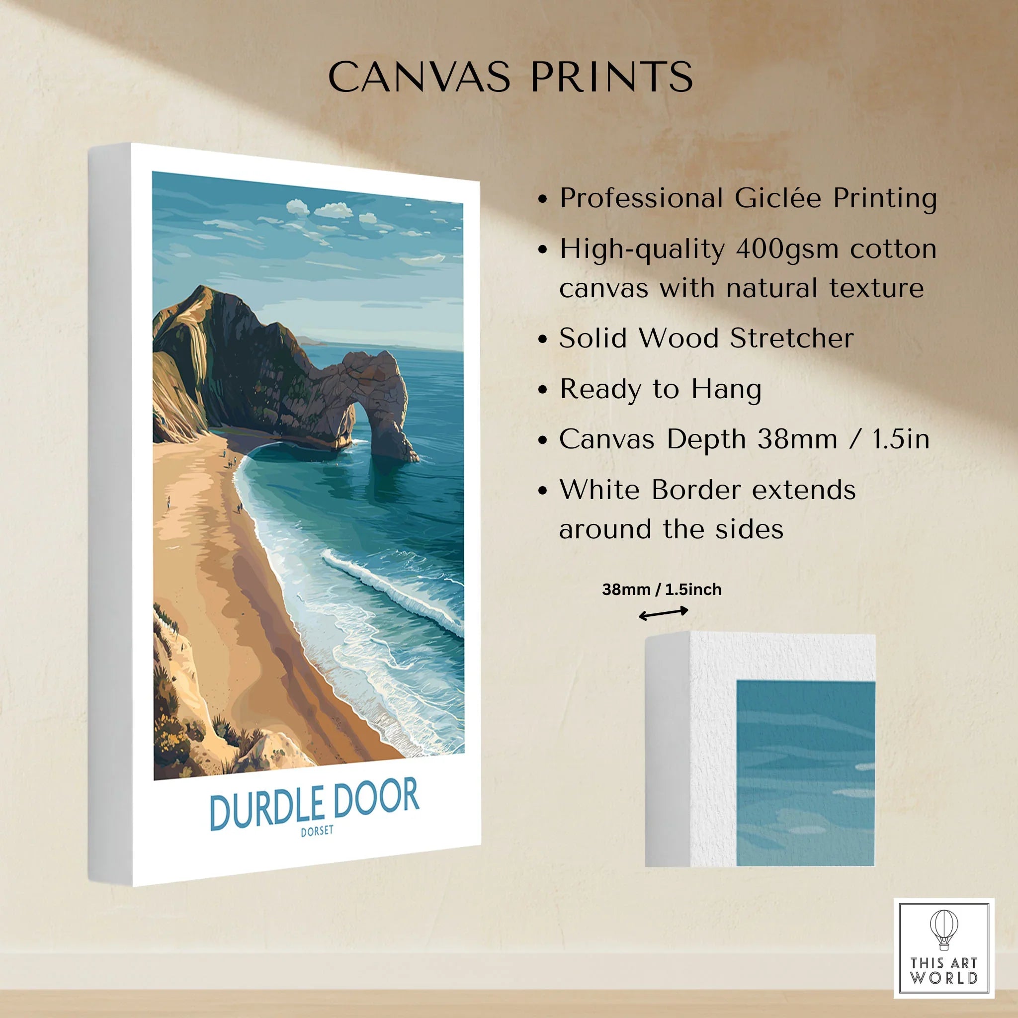 Durdle Door Art Print Dorset Wall Art canvas print specifications: 400gsm cotton canvas, solid wood stretcher, 38mm depth, mirror wrap