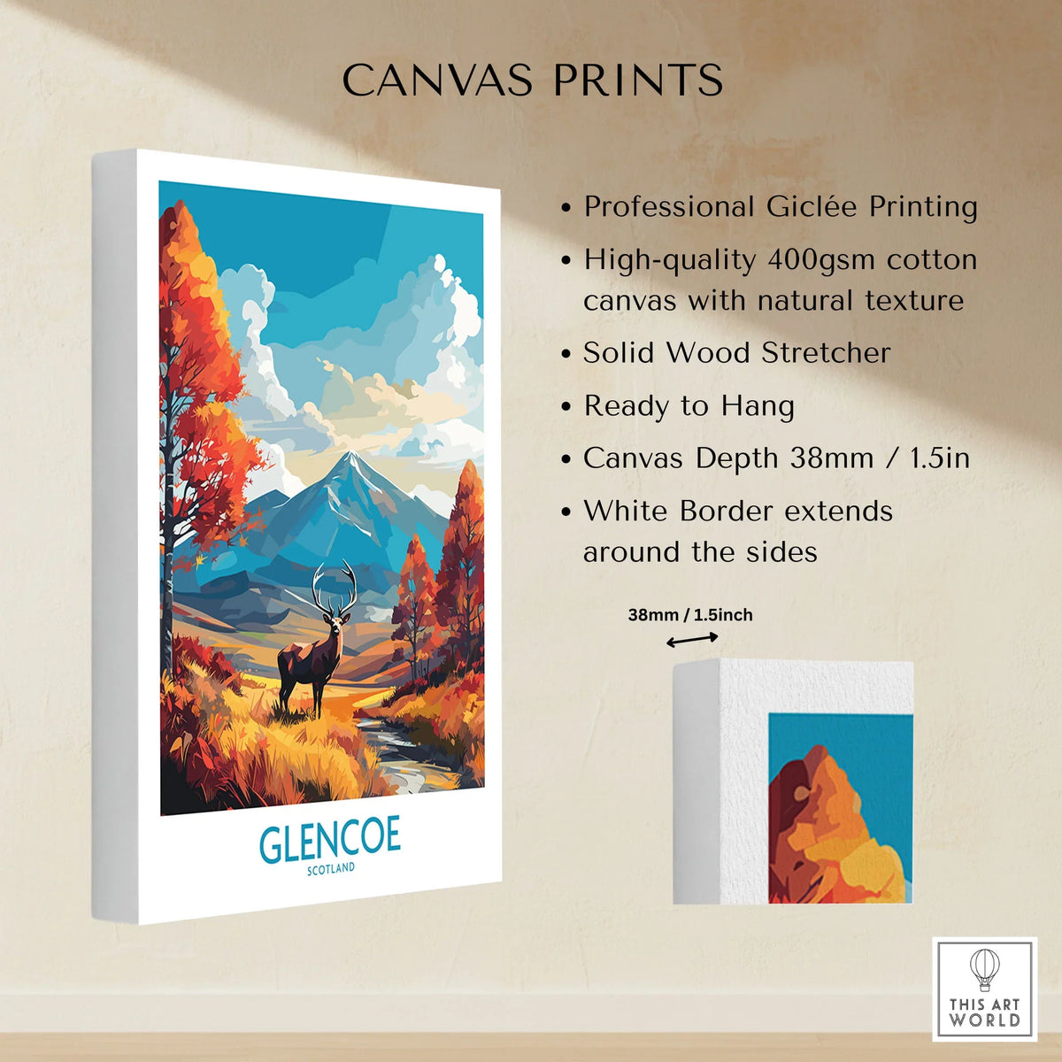 Glencoe Art Print Modern canvas print specifications: 400gsm cotton canvas, solid wood stretcher, 38mm depth, mirror wrap