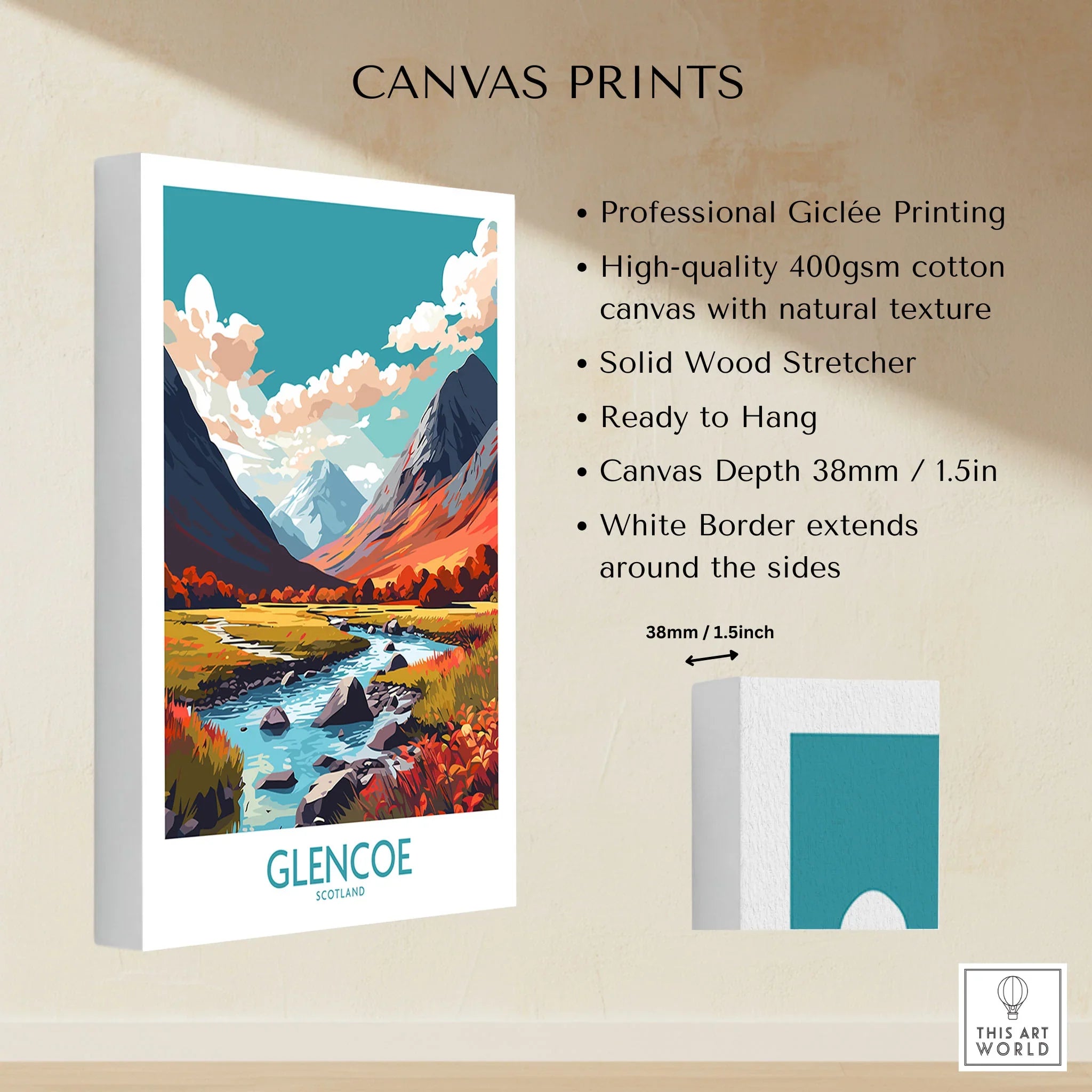 Glencoe Poster Print Modern canvas print specifications: 400gsm cotton canvas, solid wood stretcher, 38mm depth, mirror wrap