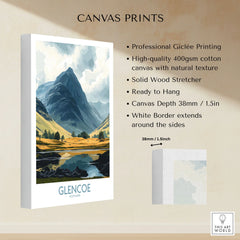 Glencoe Travel Poster canvas print specifications: 400gsm cotton canvas, solid wood stretcher, 38mm depth, mirror wrap
