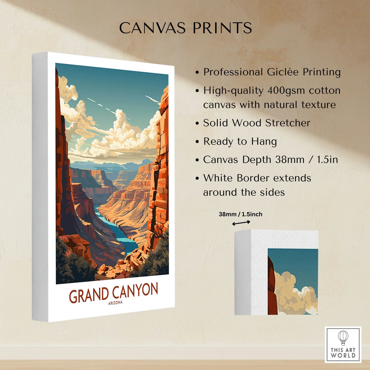 Grand Canyon Wall Art | Modern Style canvas print specifications: 400gsm cotton canvas, solid wood stretcher, 38mm depth, mirror wrap