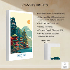 Hakone Japan Lake Ashi Temple Print - Japanese Pagoda Wall Art - Modern canvas print specifications: 400gsm cotton canvas, solid wood stretcher, 38mm depth, mirror wrap