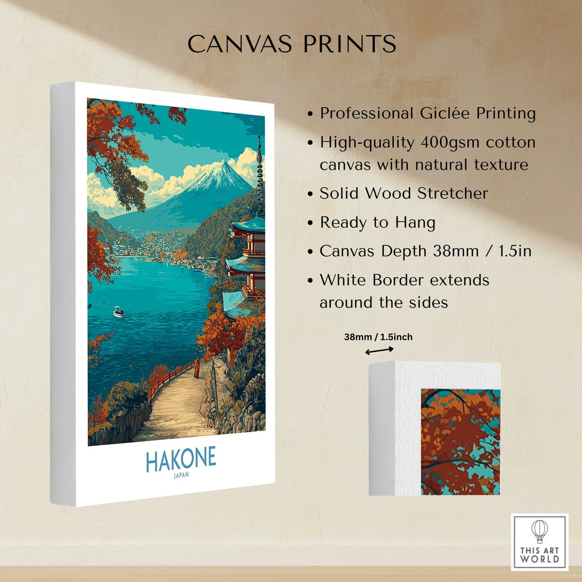 Hakone Japan Lakeside Temple Wall Art - Japanese Nature Travel Decor canvas print specifications: 400gsm cotton canvas, solid wood stretcher, 38mm depth, mirror wrap