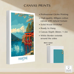 Hakone Wall Art Japan Red Torii Gate Poster canvas print specifications: 400gsm cotton canvas, solid wood stretcher, 38mm depth, mirror wrap