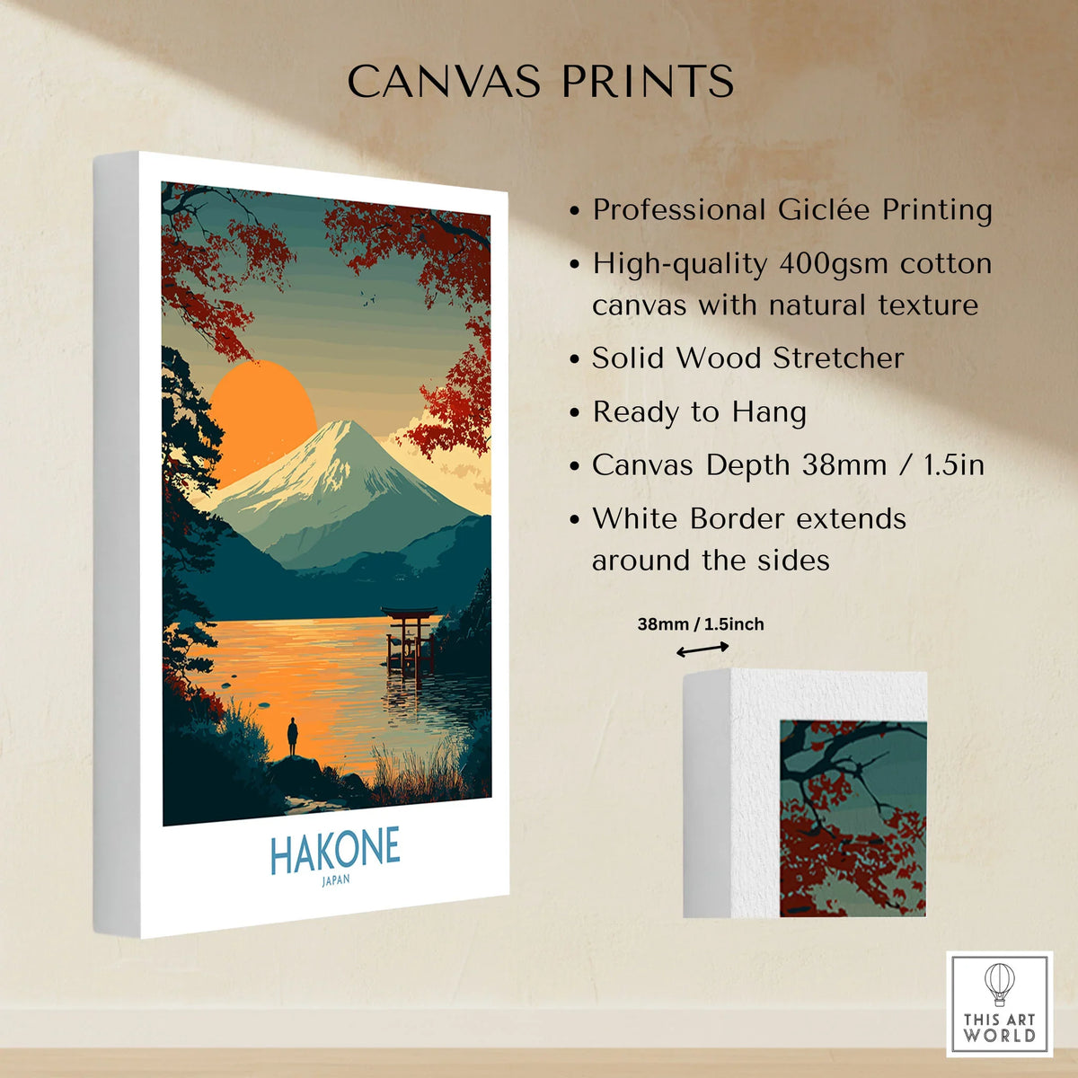 Hakone Japan Wall Art Lake Ashi Print - Japanese Spiritual Poster canvas print specifications: 400gsm cotton canvas, solid wood stretcher, 38mm depth, mirror wrap