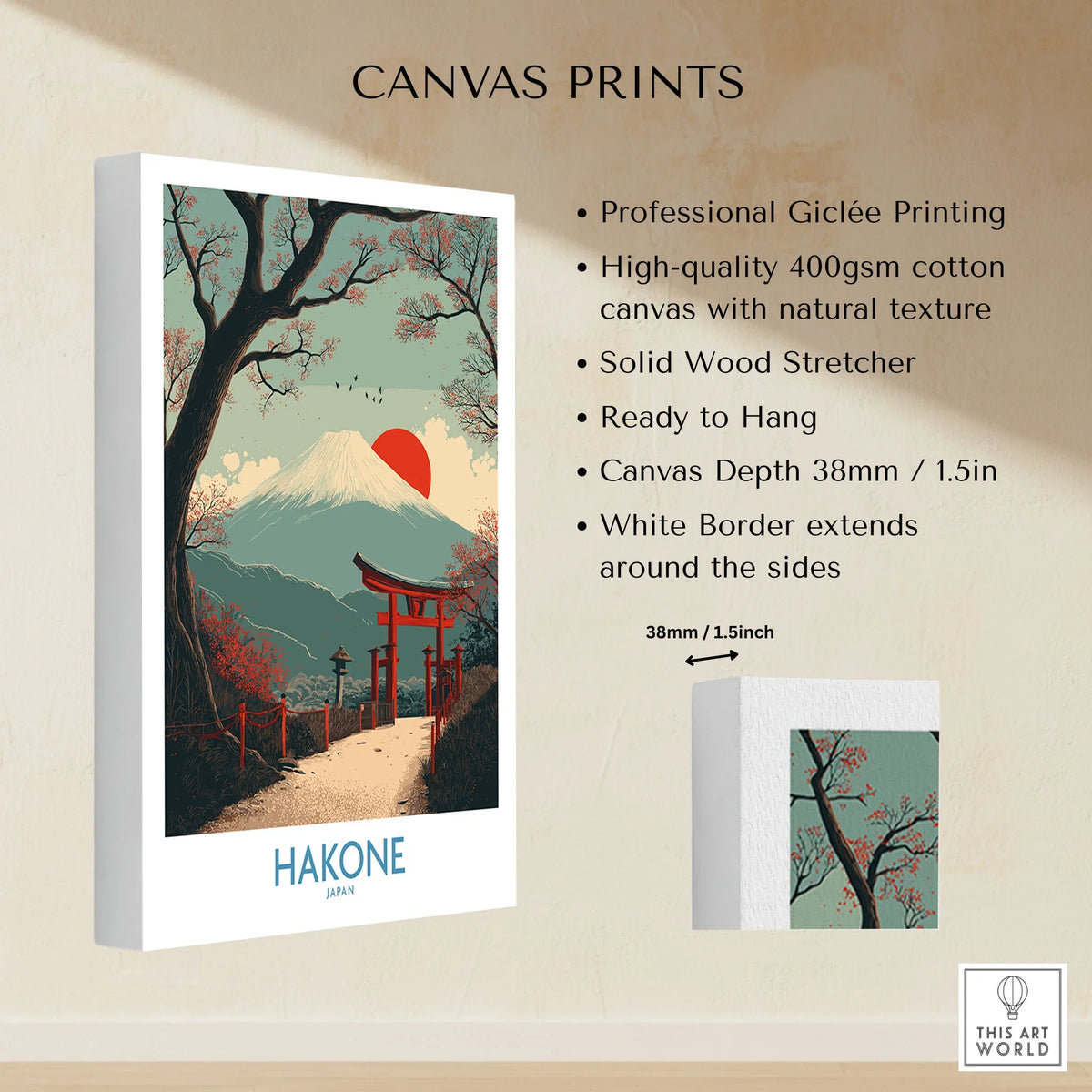 Hakone Japan Peace Gate Shrine Wall Art - Autumn Cherry Blossom Decor canvas print specifications: 400gsm cotton canvas, solid wood stretcher, 38mm depth, mirror wrap