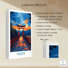 Hakone Wall Art - Japan Travel Poster canvas print specifications: 400gsm cotton canvas, solid wood stretcher, 38mm depth, mirror wrap