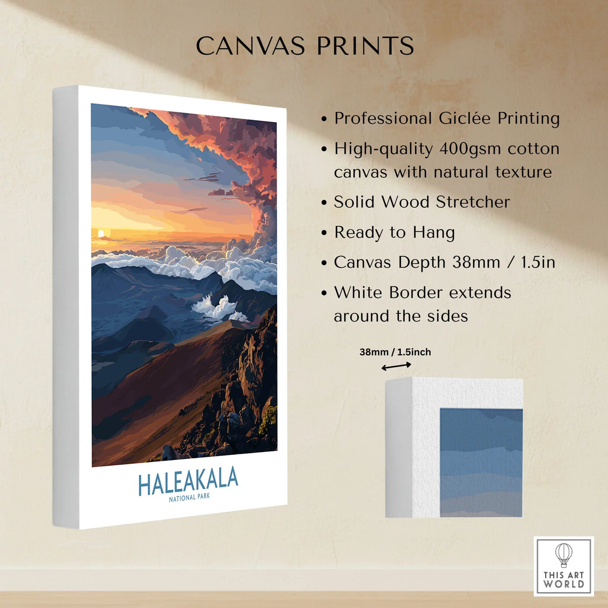 Haleakalā Craters Poster, Hawaiian Sunrise Print, Mountain Wall Decor canvas print specifications: 400gsm cotton canvas, solid wood stretcher, 38mm depth, mirror wrap