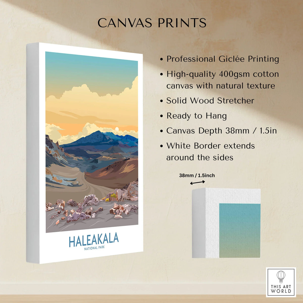 Haleakalā National Park Print, Hawaiian Volcano Poster, Sunset Wall Decor canvas print specifications: 400gsm cotton canvas, solid wood stretcher, 38mm depth, mirror wrap