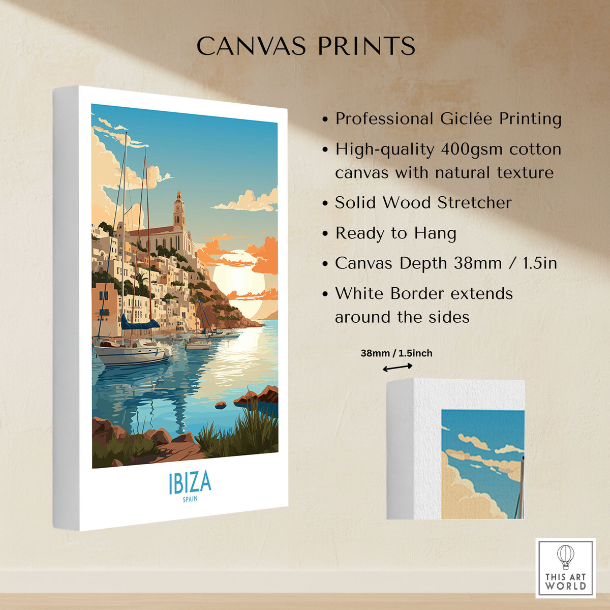 Ibiza Poster Print Modern canvas print specifications: 400gsm cotton canvas, solid wood stretcher, 38mm depth, mirror wrap