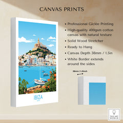 Ibiza Poster canvas print specifications: 400gsm cotton canvas, solid wood stretcher, 38mm depth, mirror wrap