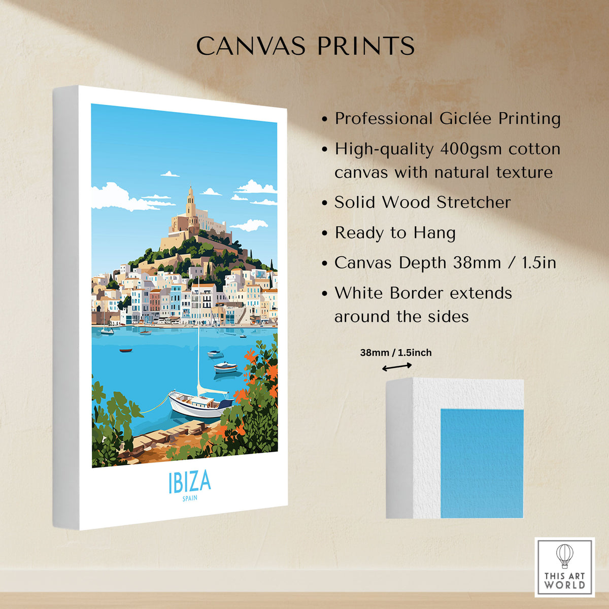Ibiza Poster canvas print specifications: 400gsm cotton canvas, solid wood stretcher, 38mm depth, mirror wrap