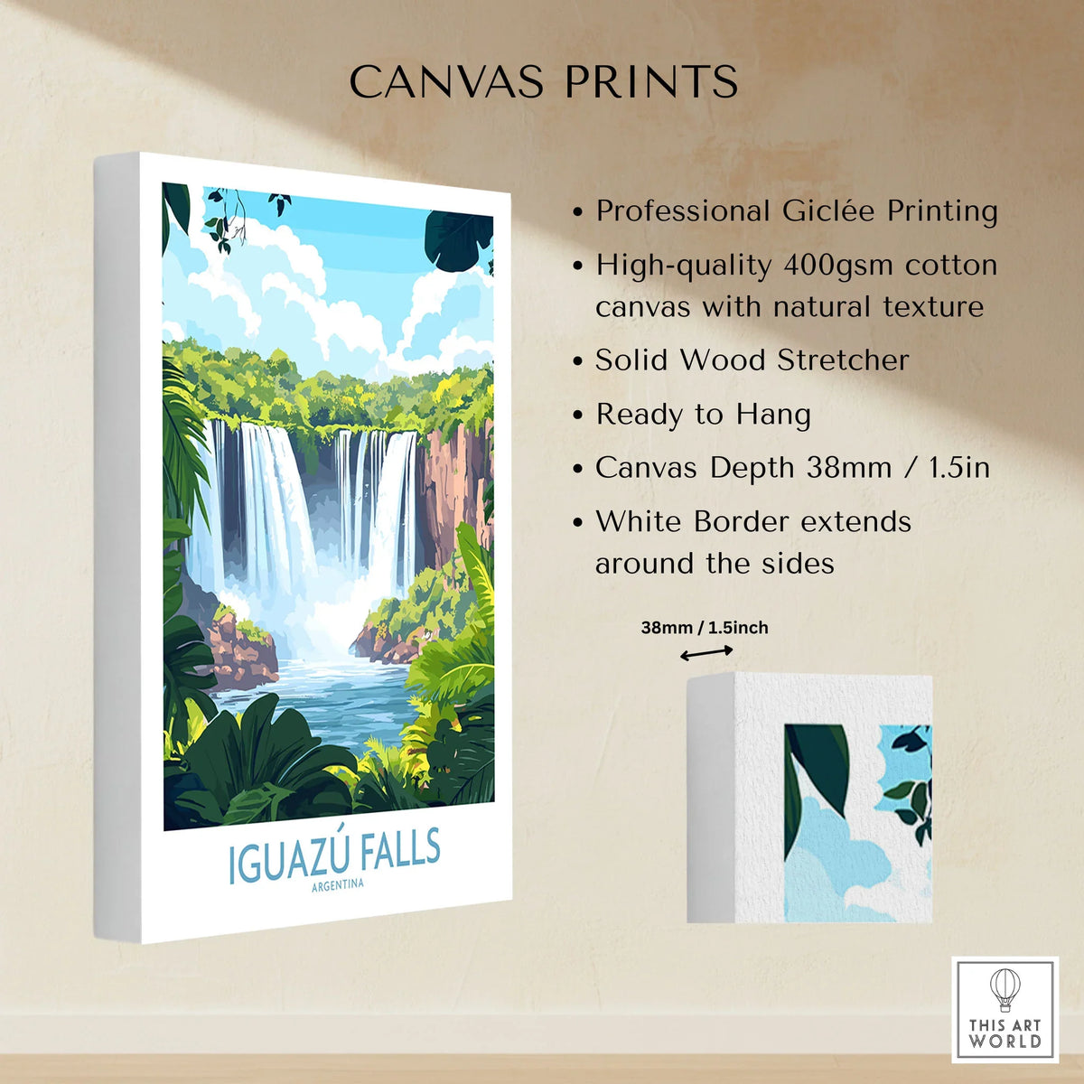 Iguazu Falls Travel Poster canvas print specifications: 400gsm cotton canvas, solid wood stretcher, 38mm depth, mirror wrap