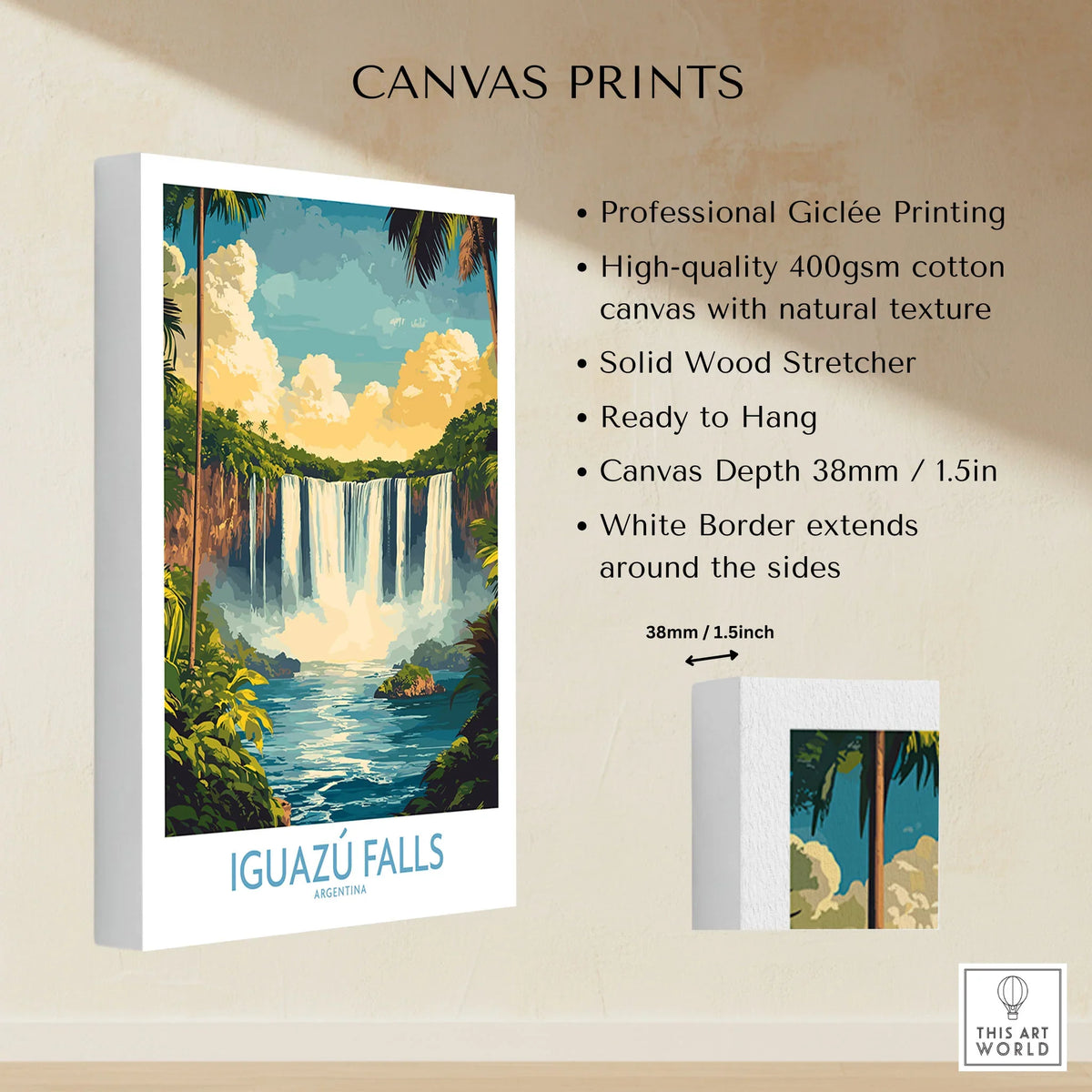 Iguazu Falls Wall Art Print canvas print specifications: 400gsm cotton canvas, solid wood stretcher, 38mm depth, mirror wrap