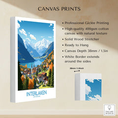 Interlaken Print canvas print specifications: 400gsm cotton canvas, solid wood stretcher, 38mm depth, mirror wrap