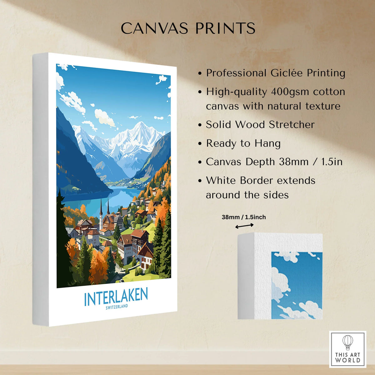 Interlaken Print canvas print specifications: 400gsm cotton canvas, solid wood stretcher, 38mm depth, mirror wrap