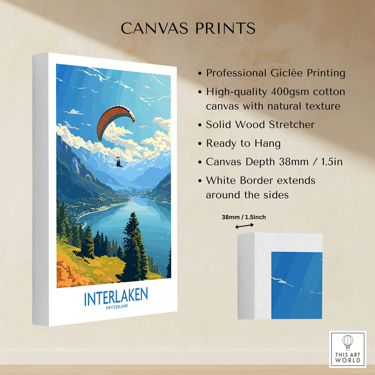 Interlaken Wall Art Print canvas print specifications: 400gsm cotton canvas, solid wood stretcher, 38mm depth, mirror wrap
