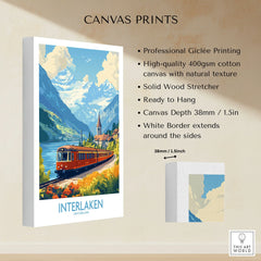 Interlaken Travel Poster canvas print specifications: 400gsm cotton canvas, solid wood stretcher, 38mm depth, mirror wrap