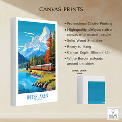 Interlaken Poster Switzerland canvas print specifications: 400gsm cotton canvas, solid wood stretcher, 38mm depth, mirror wrap