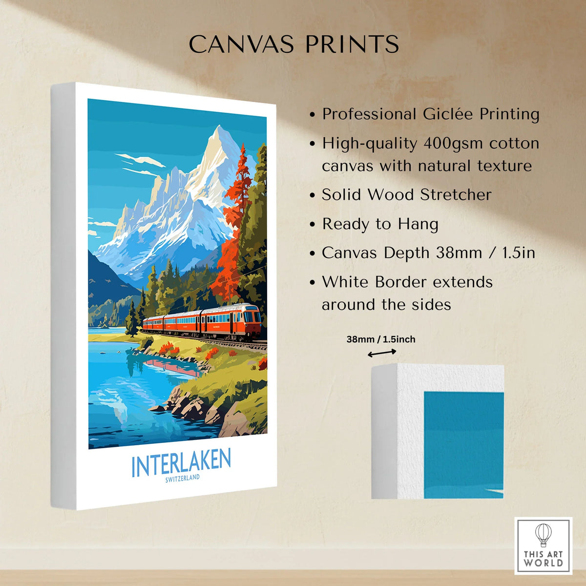 Interlaken Poster Switzerland canvas print specifications: 400gsm cotton canvas, solid wood stretcher, 38mm depth, mirror wrap