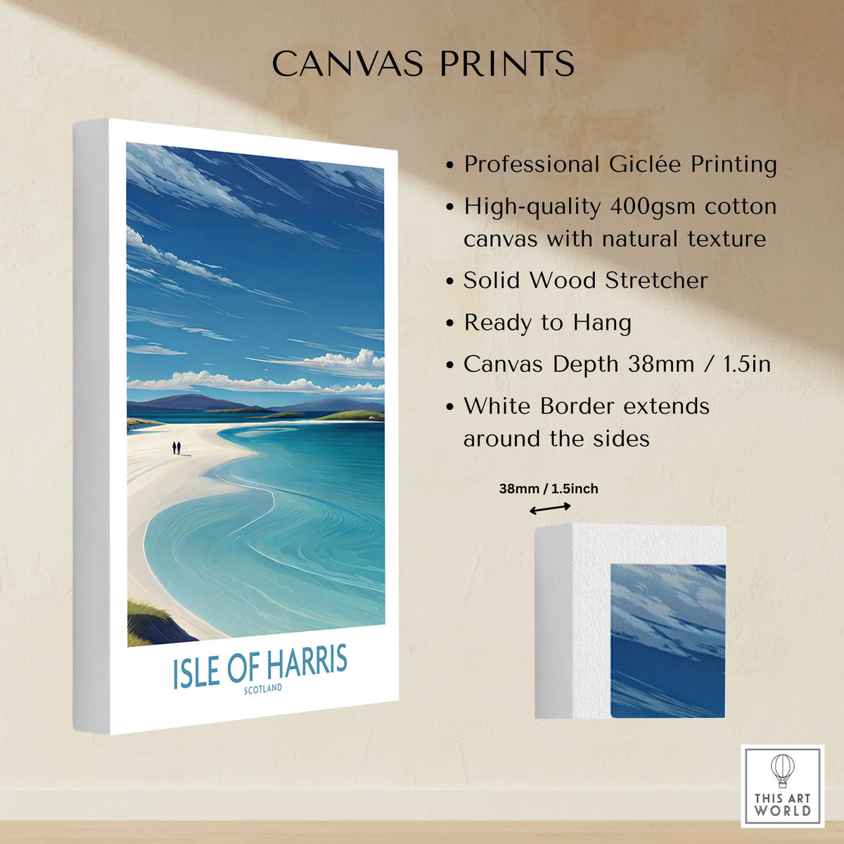 Isle of Harris Poster Scotland - Outer Hebrides Travel Print canvas print specifications: 400gsm cotton canvas, solid wood stretcher, 38mm depth, mirror wrap