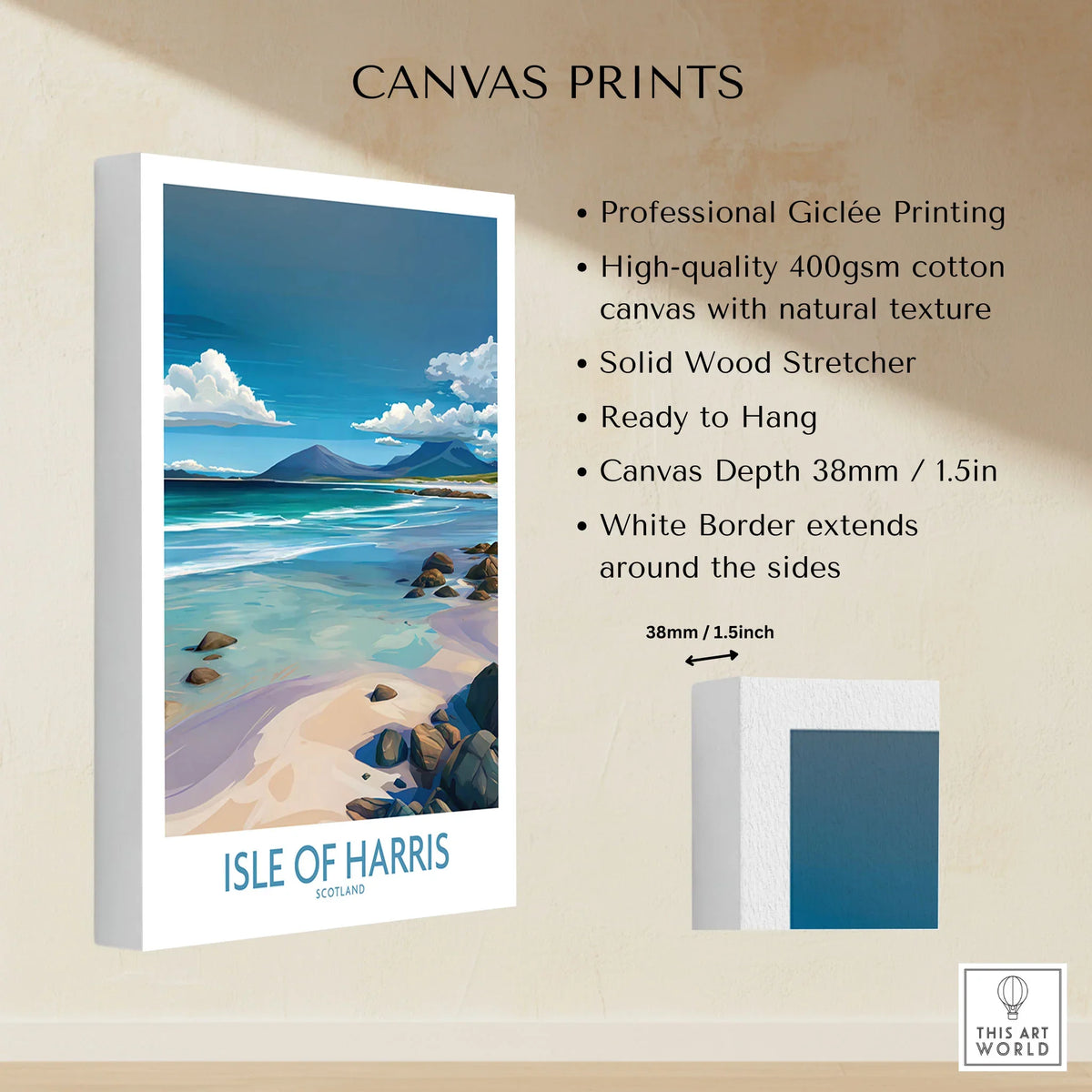 Isle of Harris Poster Scotland Clear Waters - Hebridean Seascape Decor canvas print specifications: 400gsm cotton canvas, solid wood stretcher, 38mm depth, mirror wrap