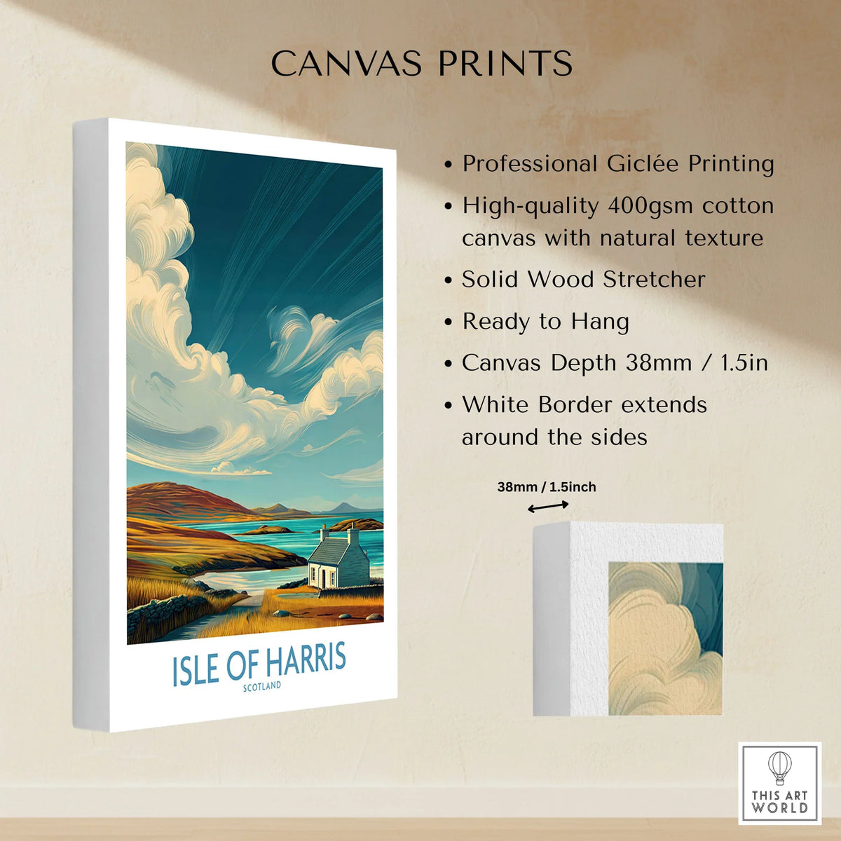 Isle of Harris Poster Scotland Dramatic Sky Seascape - Scottish Island Travel Decor canvas print specifications: 400gsm cotton canvas, solid wood stretcher, 38mm depth, mirror wrap