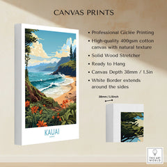 Kauai Travel Poster canvas print specifications: 400gsm cotton canvas, solid wood stretcher, 38mm depth, mirror wrap