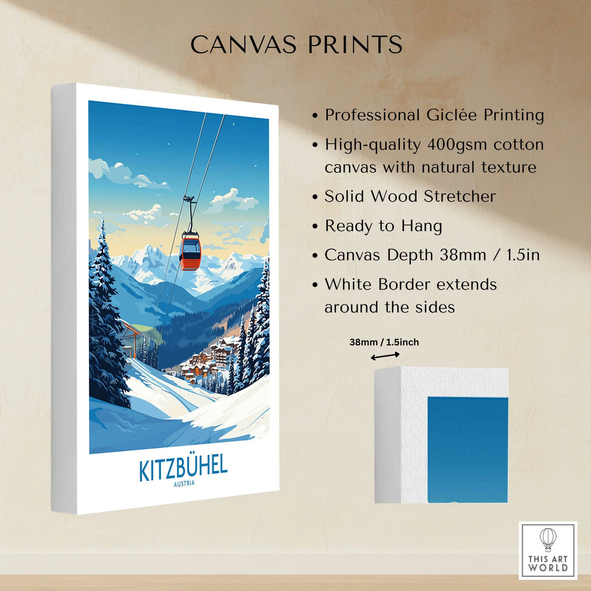 Kitzbuhel Wall Art Print canvas print specifications: 400gsm cotton canvas, solid wood stretcher, 38mm depth, mirror wrap