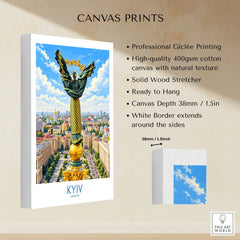 Kyiv Ukraine Maidan Square Wall Art — the Independence Monument rising above Maidan Nezalezhnosti and the Kyiv skyline, shown as canvas print stretched cotton canvas details