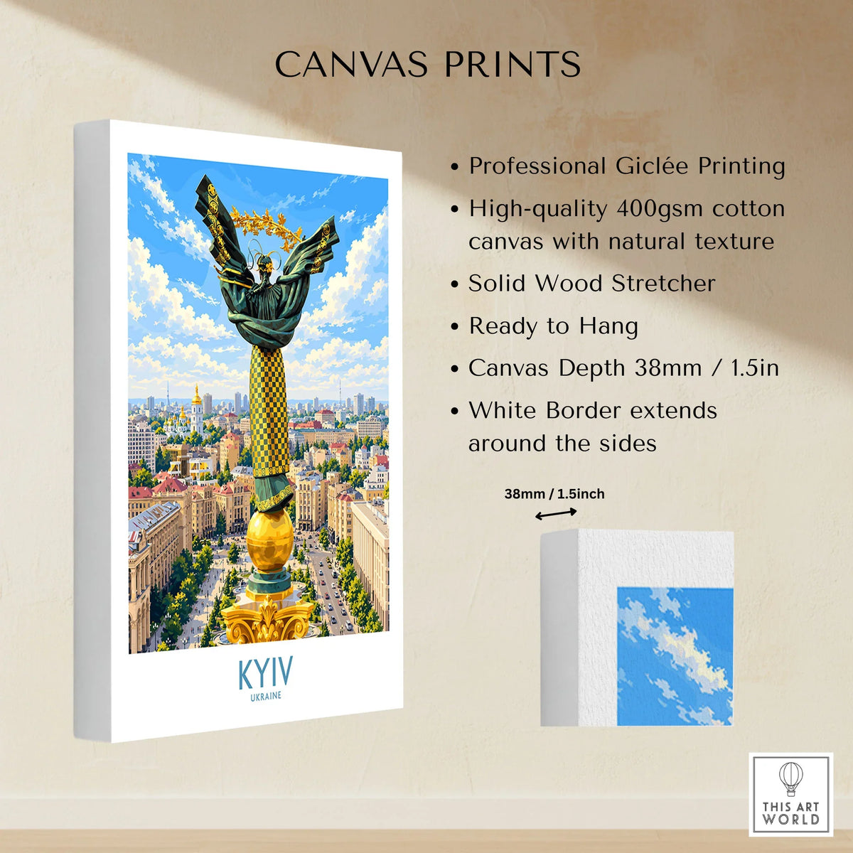Kyiv Ukraine Maidan Square Wall Art — the Independence Monument rising above Maidan Nezalezhnosti and the Kyiv skyline, shown as canvas print stretched cotton canvas details