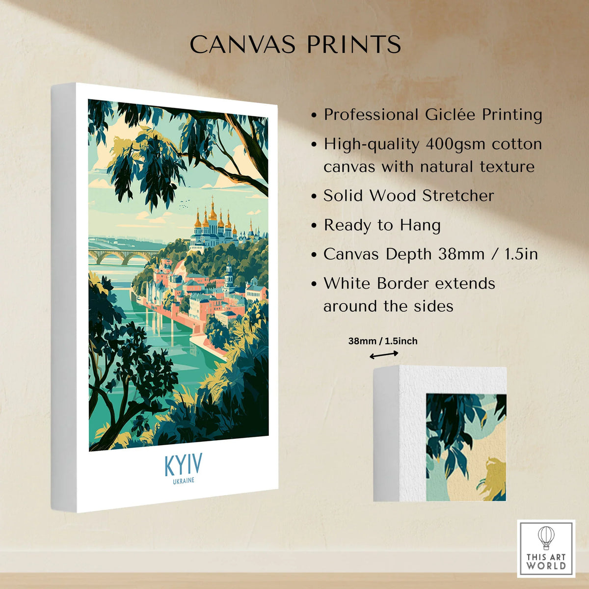 Kyiv Ukraine Dnipro River Wall Art — golden domes on a wooded bluff above the Dnipro river, shown as canvas print stretched cotton canvas details
