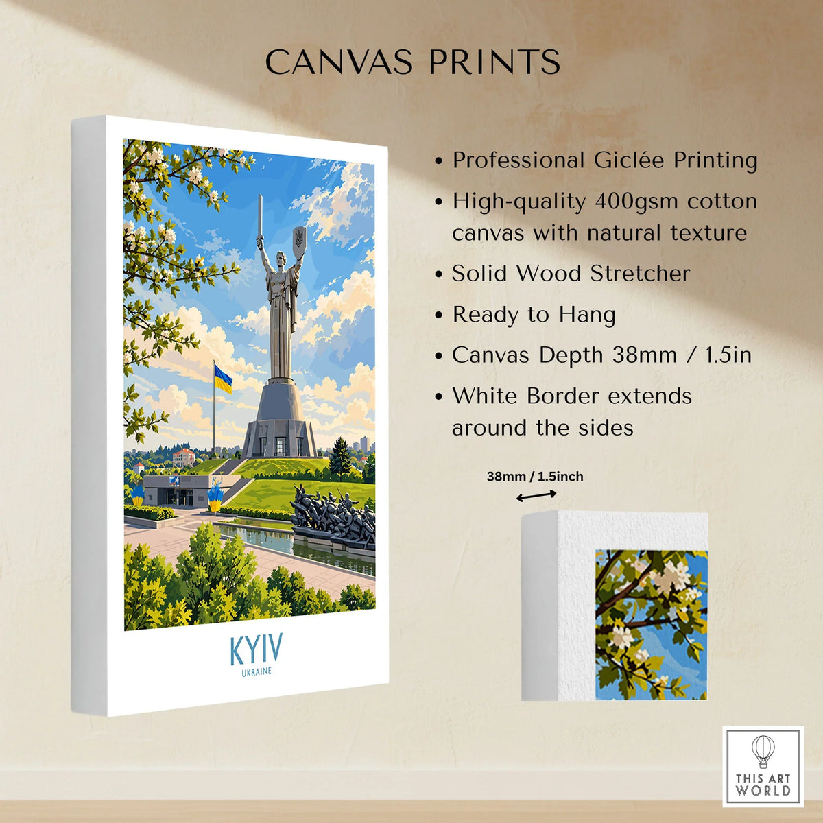 Kyiv Ukraine Spring Blossom Wall Art — the Motherland Monument under spring blossom with the Ukrainian flag flying, shown as canvas print stretched cotton canvas details