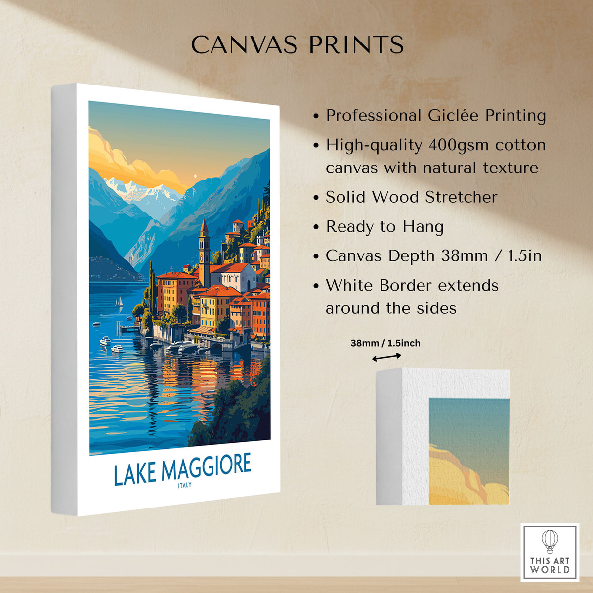 Lake Maggiore Italy Poster canvas print specifications: 400gsm cotton canvas, solid wood stretcher, 38mm depth, mirror wrap